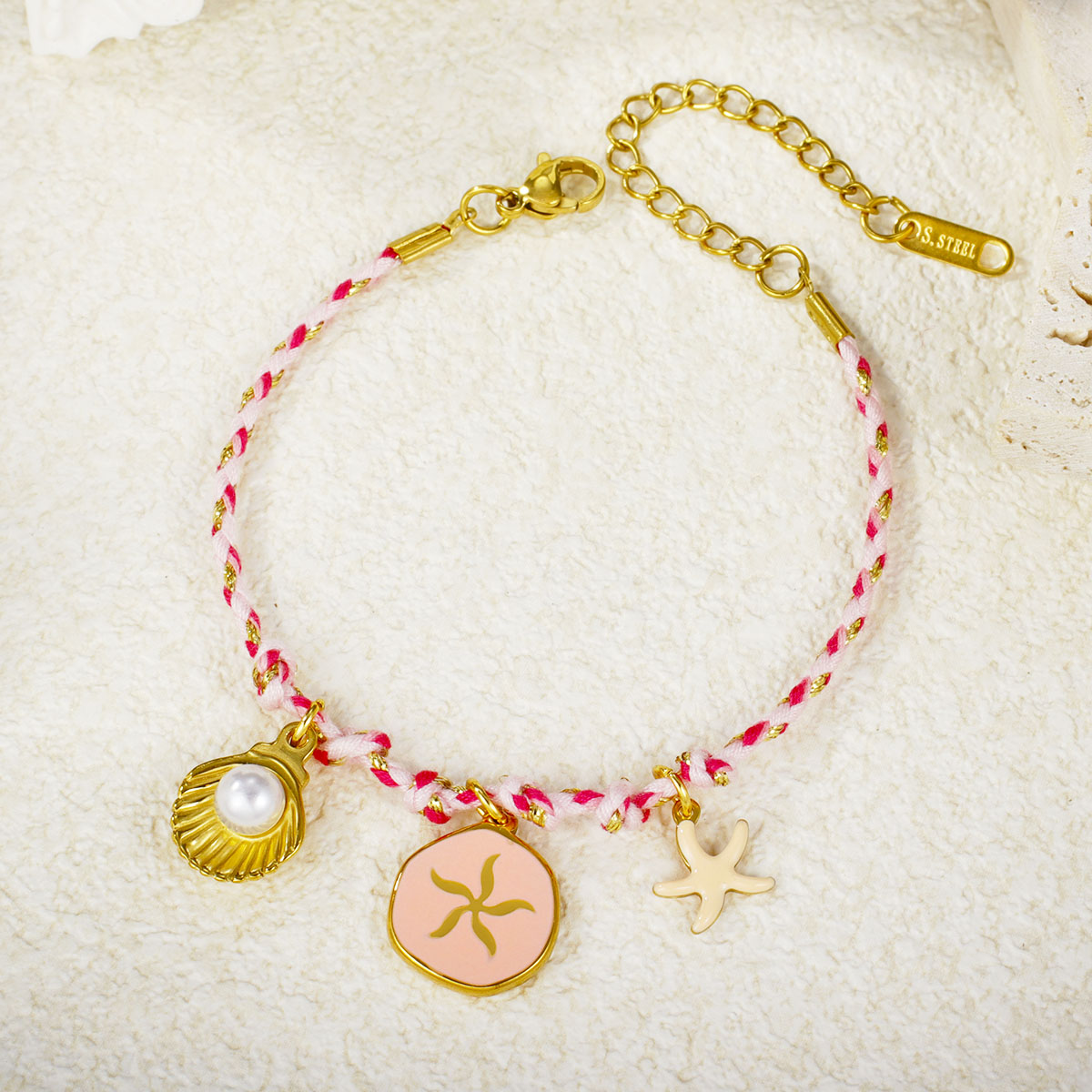 女士时尚18K镀金扇贝吊坠手链彩色绳编