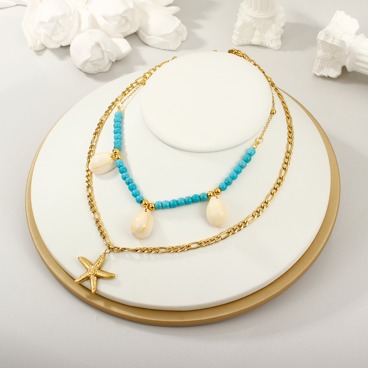 18 PVD镀金不锈钢编织串珠海洋项链